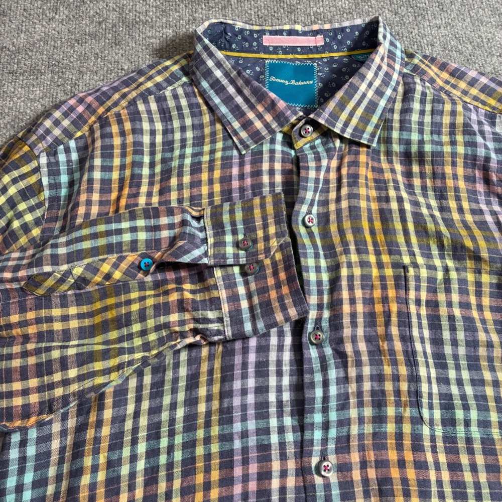 Tommy Bahama Linen Shirt Mens XXL Multi Color Plaid Long Sleeve Pocket Button Up
